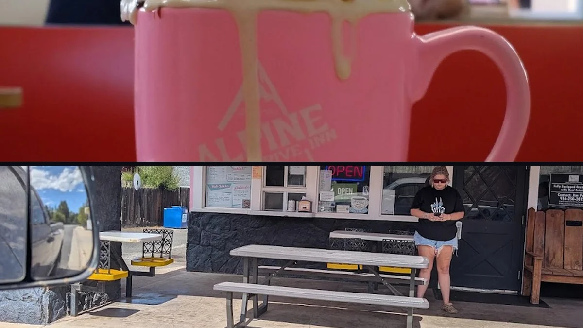 Classic drive-in counter with parked cars nearby.