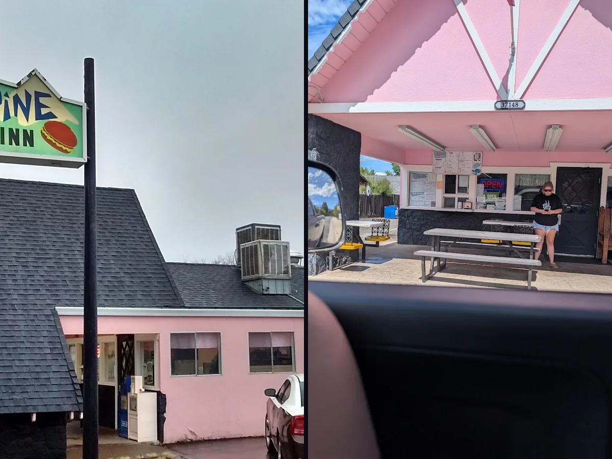 Classic drive-in counter with parked cars nearby.